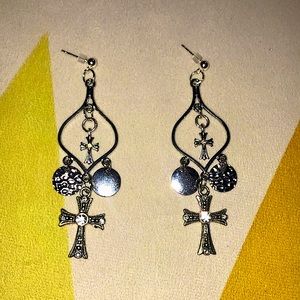 love, Savvy Double Cross Silver Chandelier Earrings